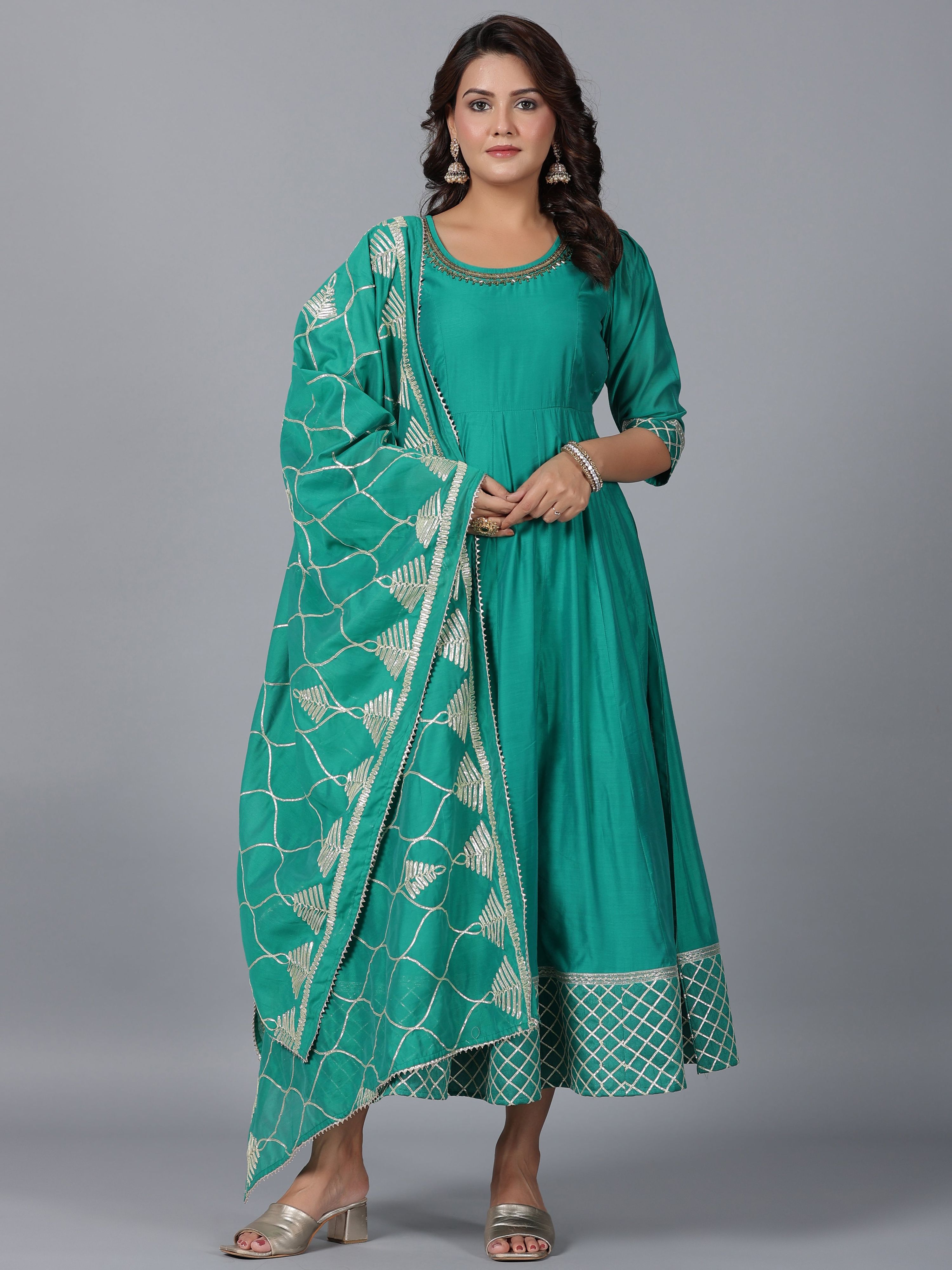 Juniper Women's Green Chanderi Anarkali Gota Patti Kurta & Dupatta Set | Grocsy