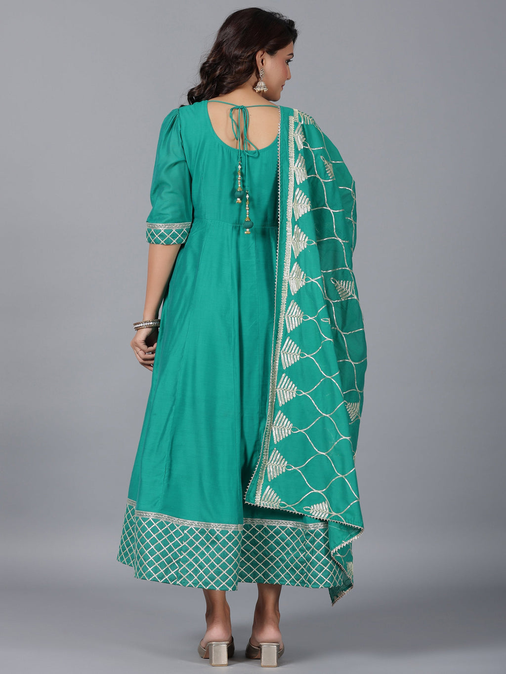 Juniper Women's Green Chanderi Anarkali Gota Patti Kurta & Dupatta Set | Grocsy