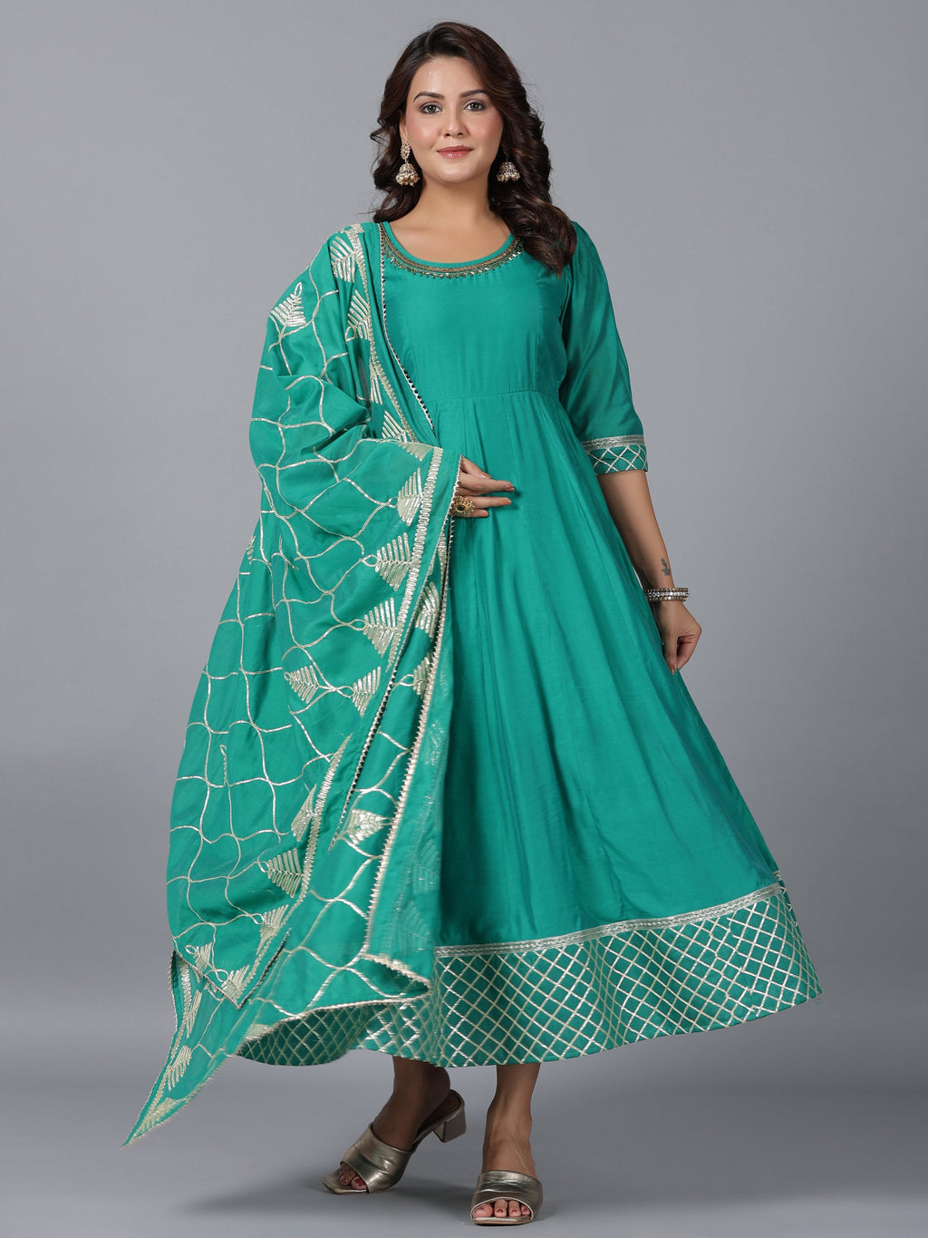Juniper Women's Green Chanderi Anarkali Gota Patti Kurta & Dupatta Set | Grocsy
