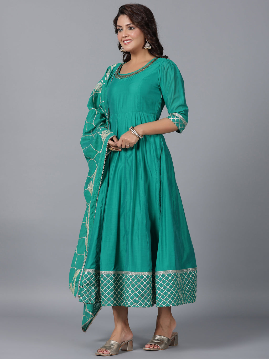 Juniper Women's Green Chanderi Anarkali Gota Patti Kurta & Dupatta Set | Grocsy