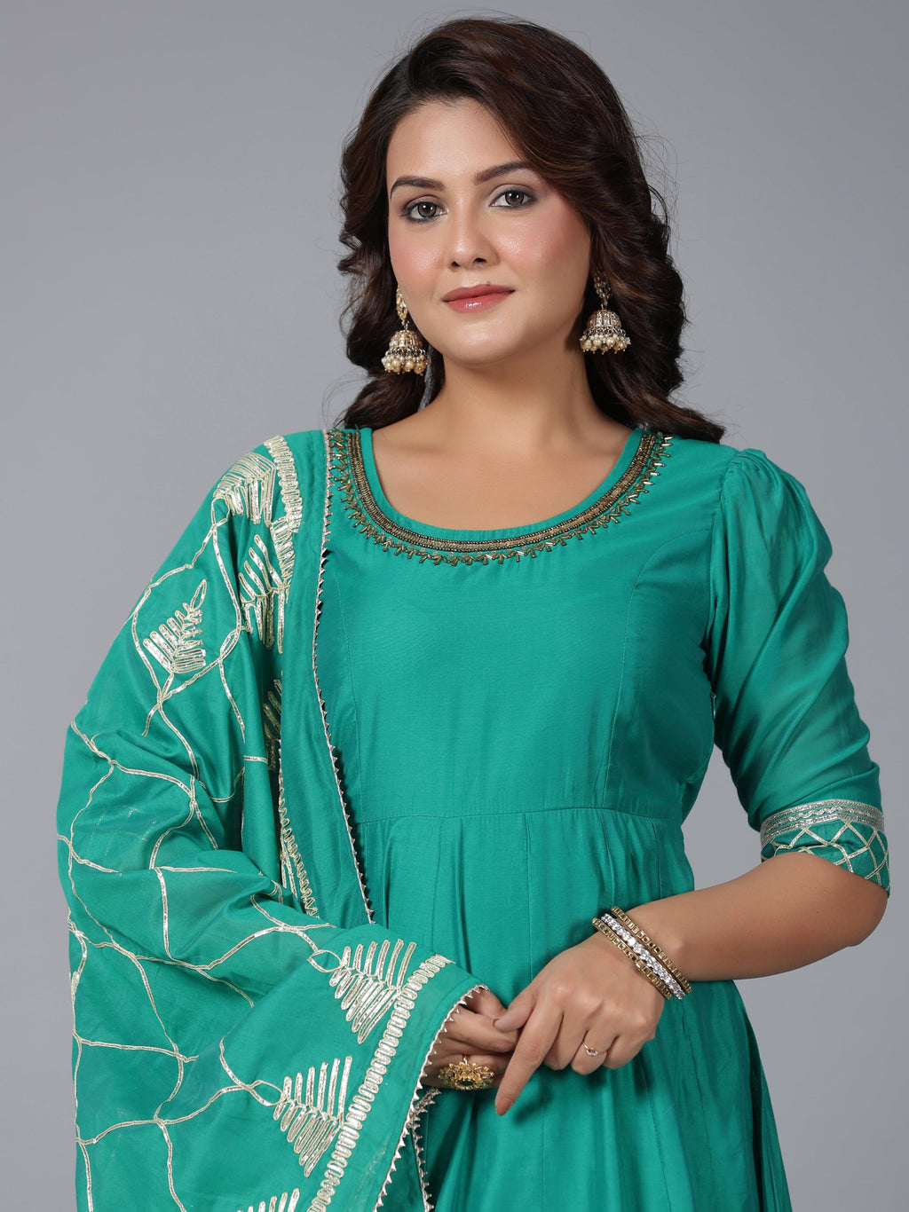 Juniper Women's Green Chanderi Anarkali Gota Patti Kurta & Dupatta Set | Grocsy