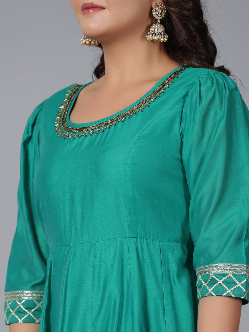 Juniper Women's Green Chanderi Anarkali Gota Patti Kurta & Dupatta Set | Grocsy