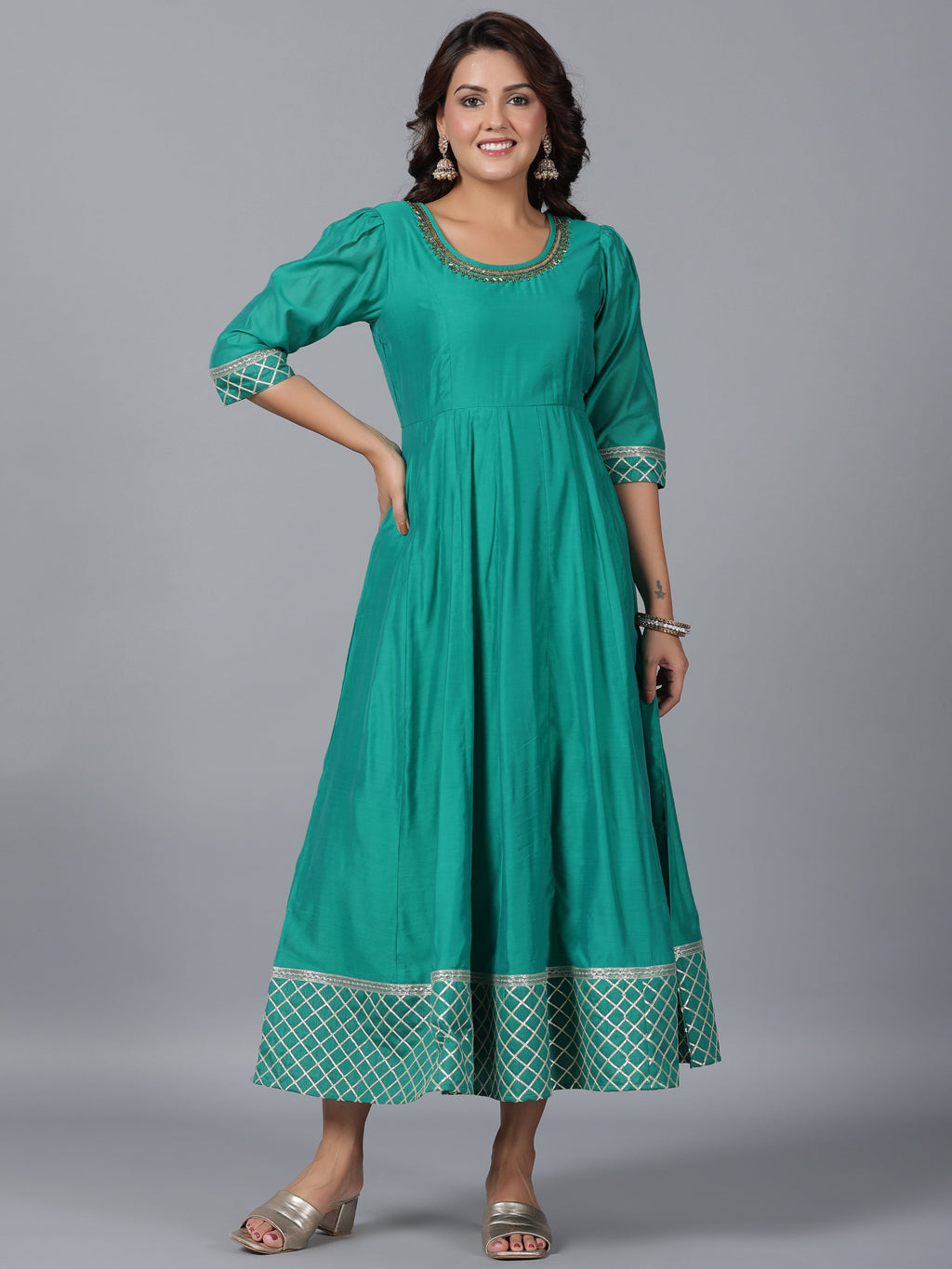 Juniper Women's Green Chanderi Anarkali Gota Patti Kurta & Dupatta Set | Grocsy