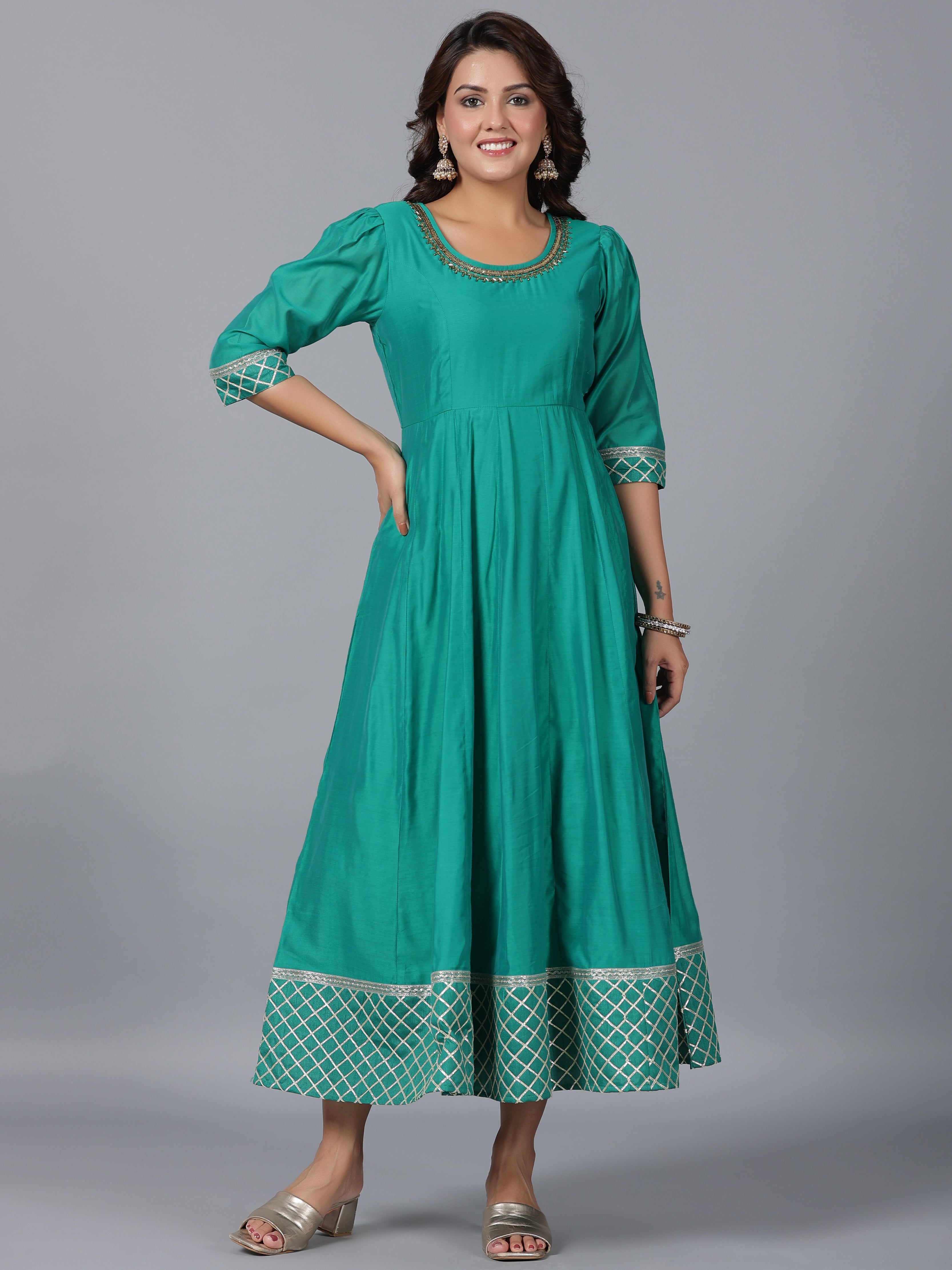 Juniper Women's Green Chanderi Anarkali Gota Patti Kurta & Dupatta Set | Grocsy