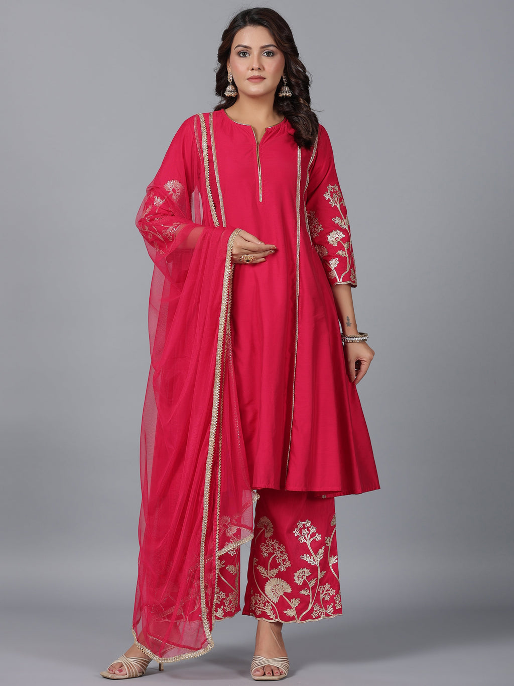 Juniper Women Fuchsia Chanderi Gota Patti Kurta, Palazzo & Dupatta Set | Grocsy