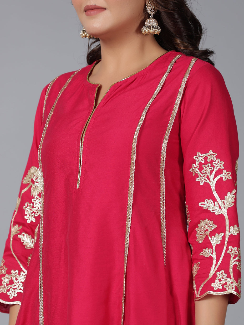 Juniper Women Fuchsia Chanderi Gota Patti Kurta, Palazzo & Dupatta Set | Grocsy