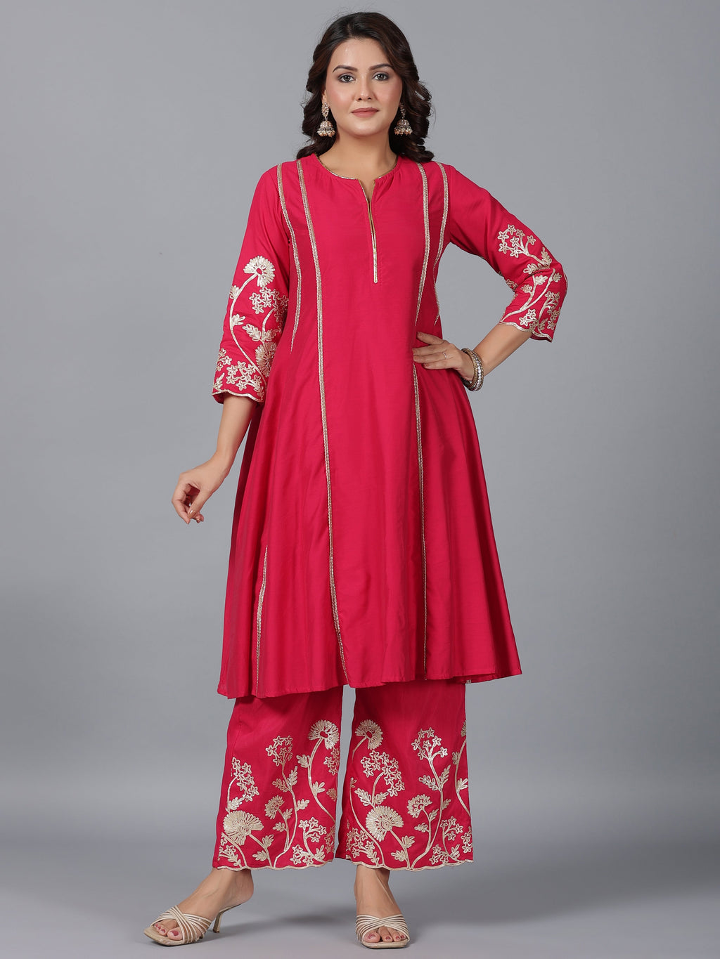Juniper Women Fuchsia Chanderi Gota Patti Kurta, Palazzo & Dupatta Set | Grocsy
