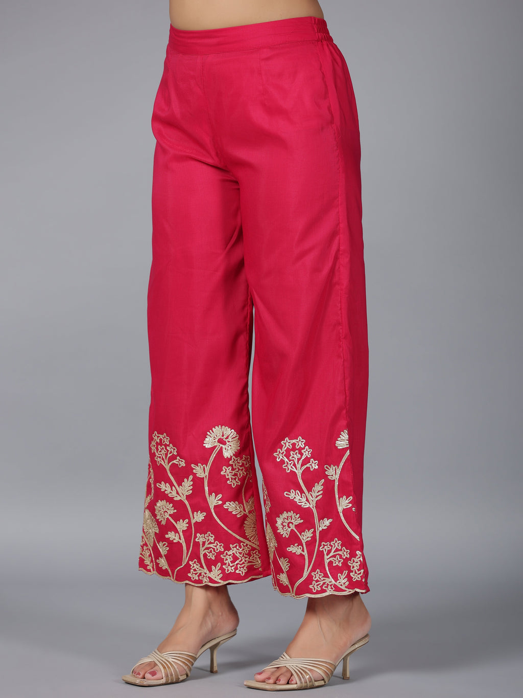 Juniper Women Fuchsia Chanderi Gota Patti Kurta, Palazzo & Dupatta Set | Grocsy
