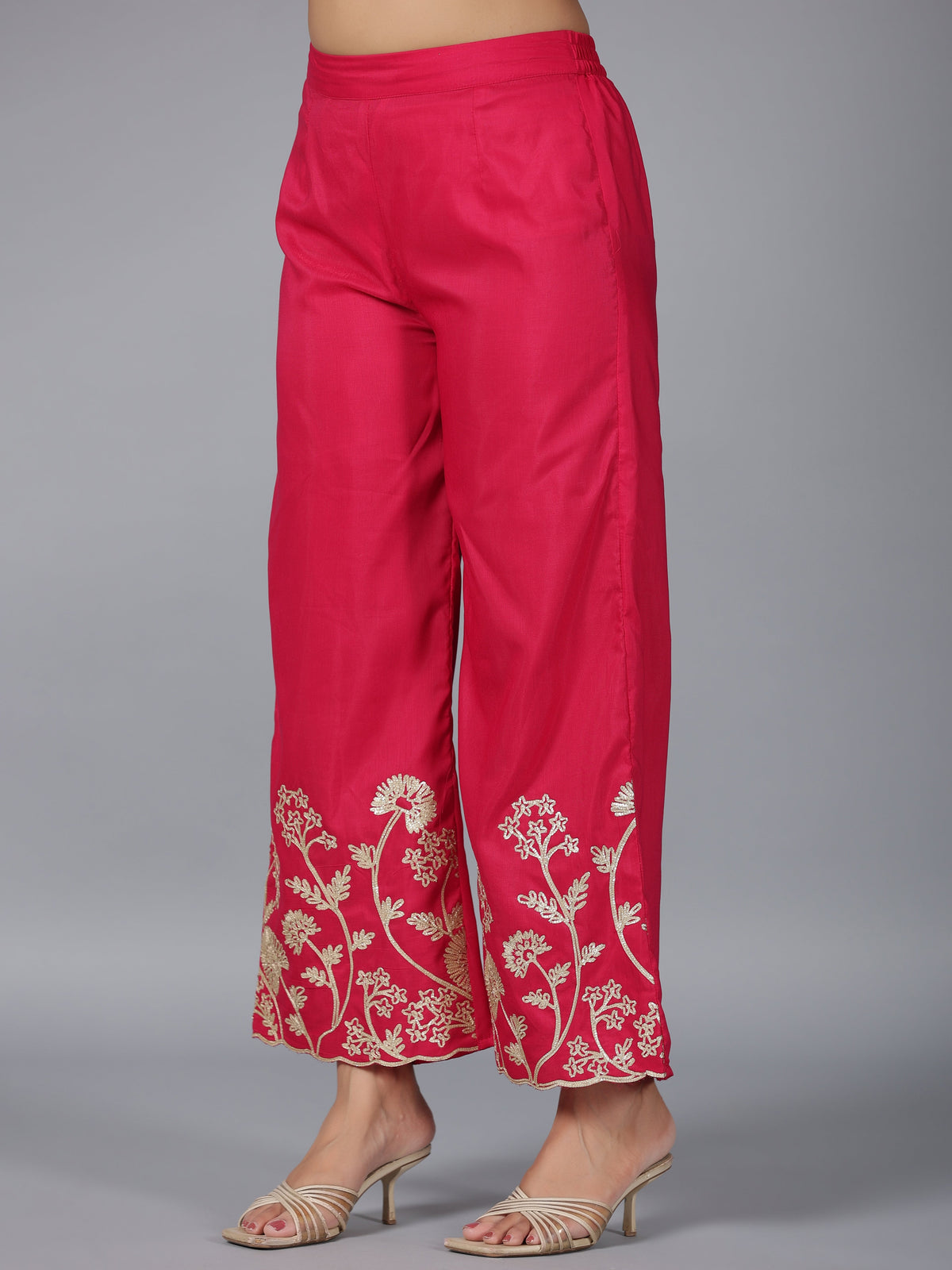 Juniper Women Fuchsia Chanderi Gota Patti Kurta, Palazzo & Dupatta Set | Grocsy