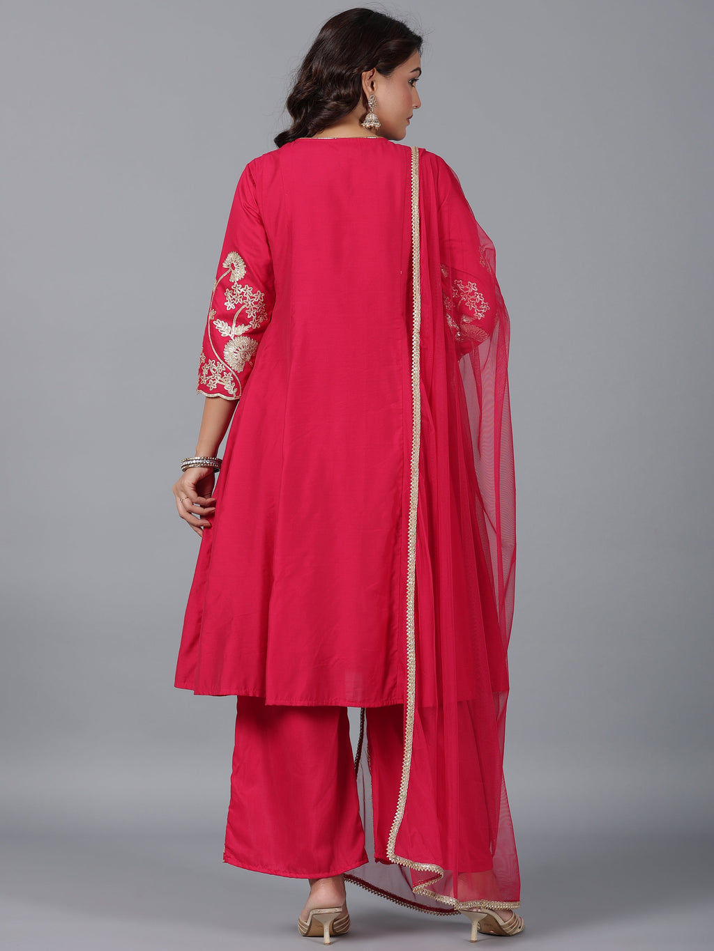 Juniper Women Fuchsia Chanderi Gota Patti Kurta, Palazzo & Dupatta Set | Grocsy
