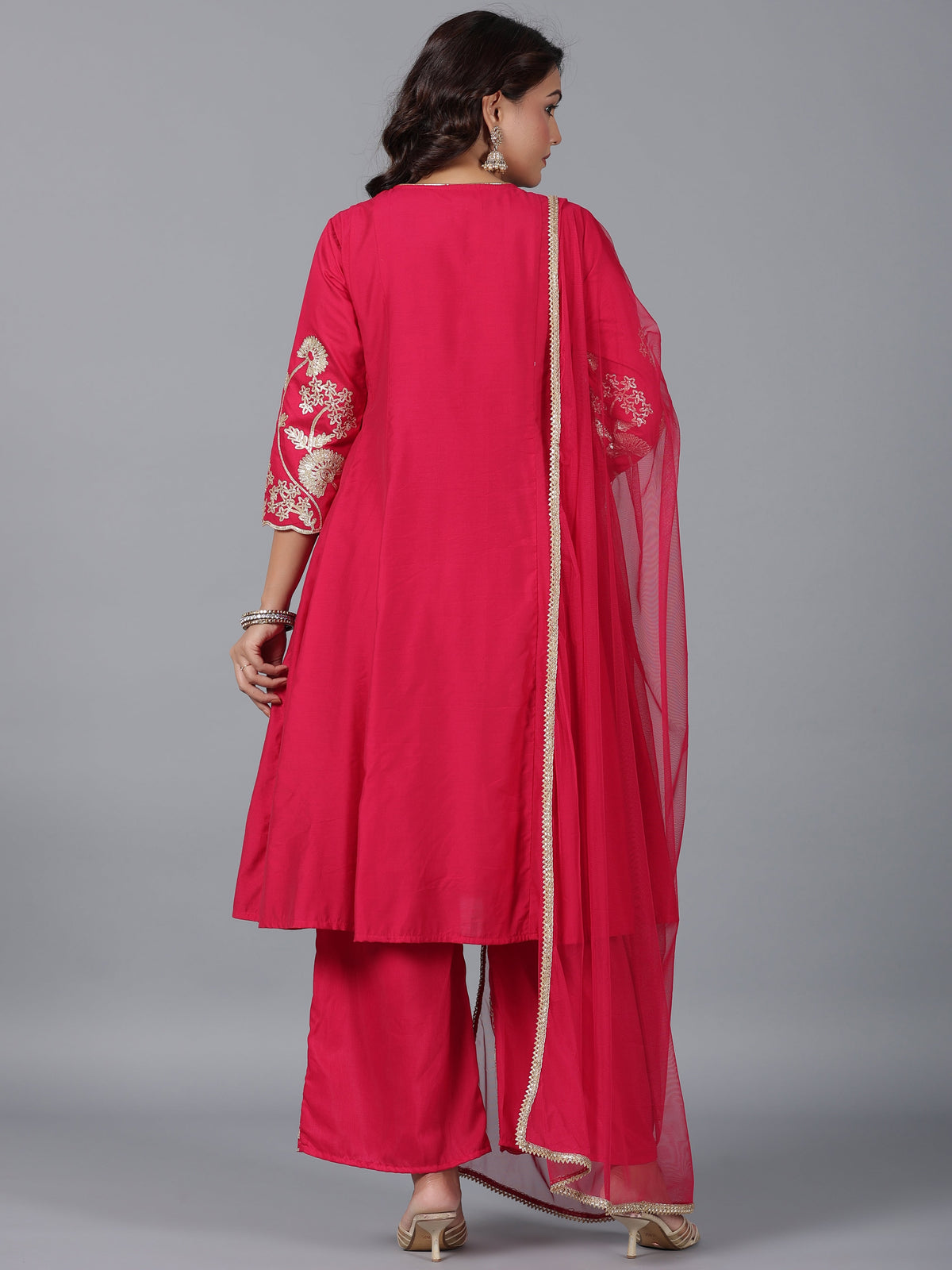 Juniper Women Fuchsia Chanderi Gota Patti Kurta, Palazzo & Dupatta Set | Grocsy