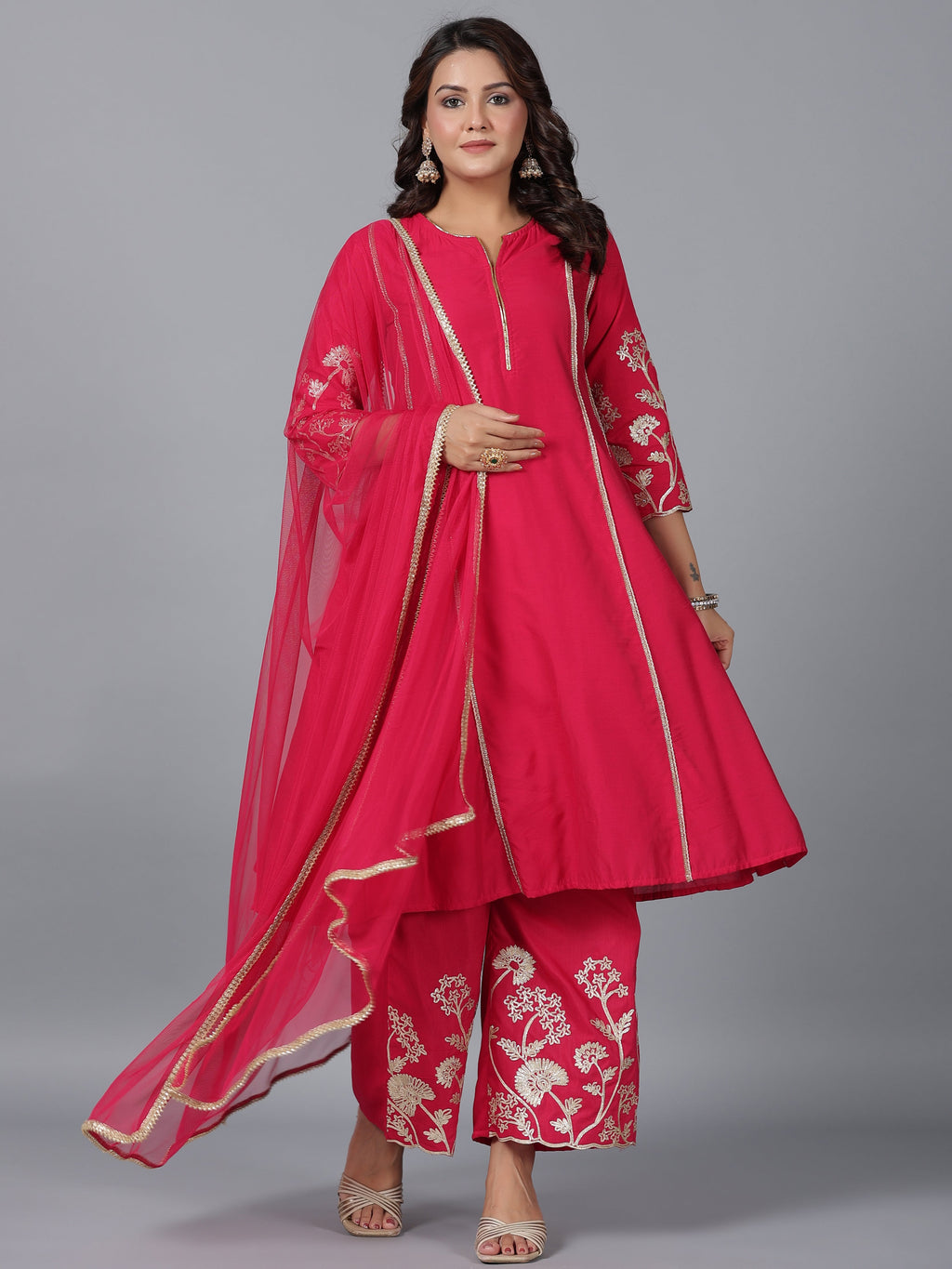 Juniper Women Fuchsia Chanderi Gota Patti Kurta, Palazzo & Dupatta Set | Grocsy