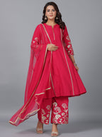 Juniper Women Fuchsia Chanderi Gota Patti Kurta, Palazzo & Dupatta Set | Grocsy