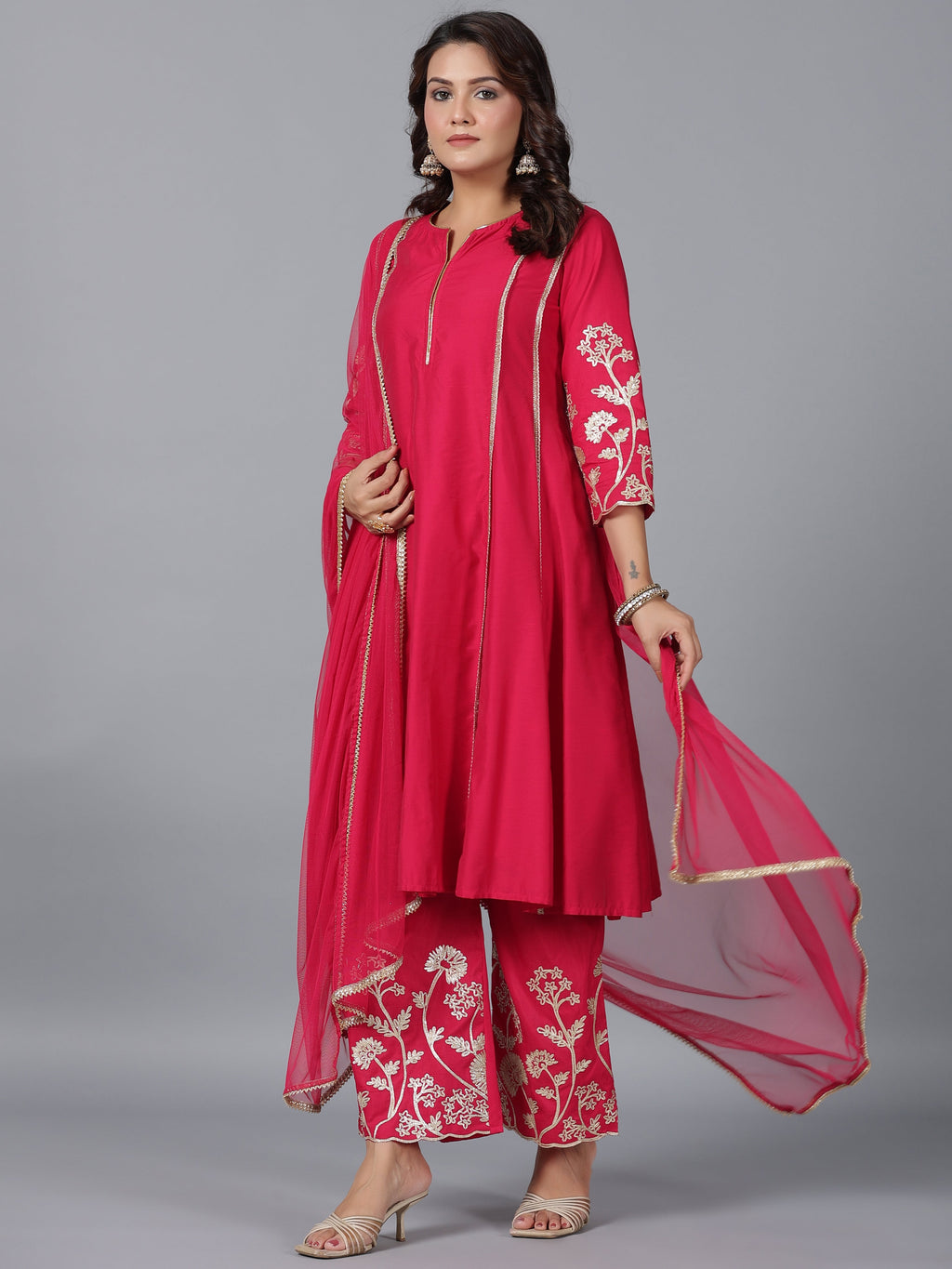Juniper Women Fuchsia Chanderi Gota Patti Kurta, Palazzo & Dupatta Set | Grocsy