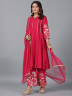 Juniper Women Fuchsia Chanderi Gota Patti Kurta, Palazzo & Dupatta Set | Grocsy