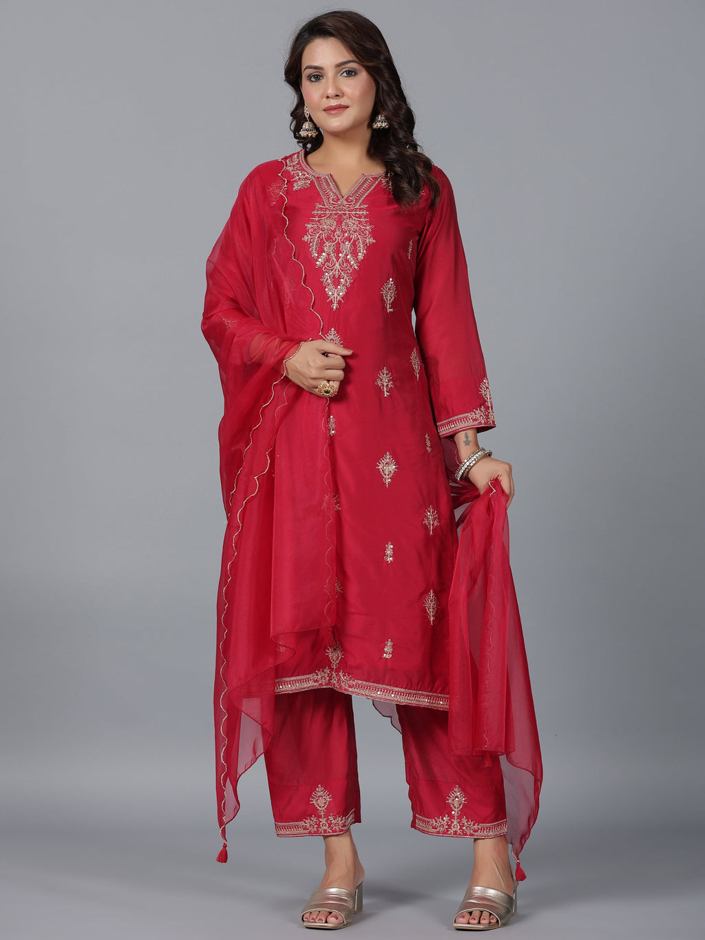 Juniper Women Red Chanderi Embroidered Kurta, Pants & Dupatta Set | Grocsy