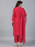 Juniper Women Red Chanderi Embroidered Kurta, Pants & Dupatta Set | Grocsy