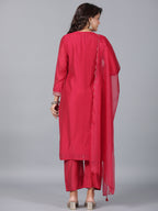 Juniper Women Red Chanderi Embroidered Kurta, Pants & Dupatta Set | Grocsy