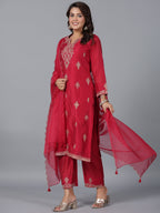 Juniper Women Red Chanderi Embroidered Kurta, Pants & Dupatta Set | Grocsy