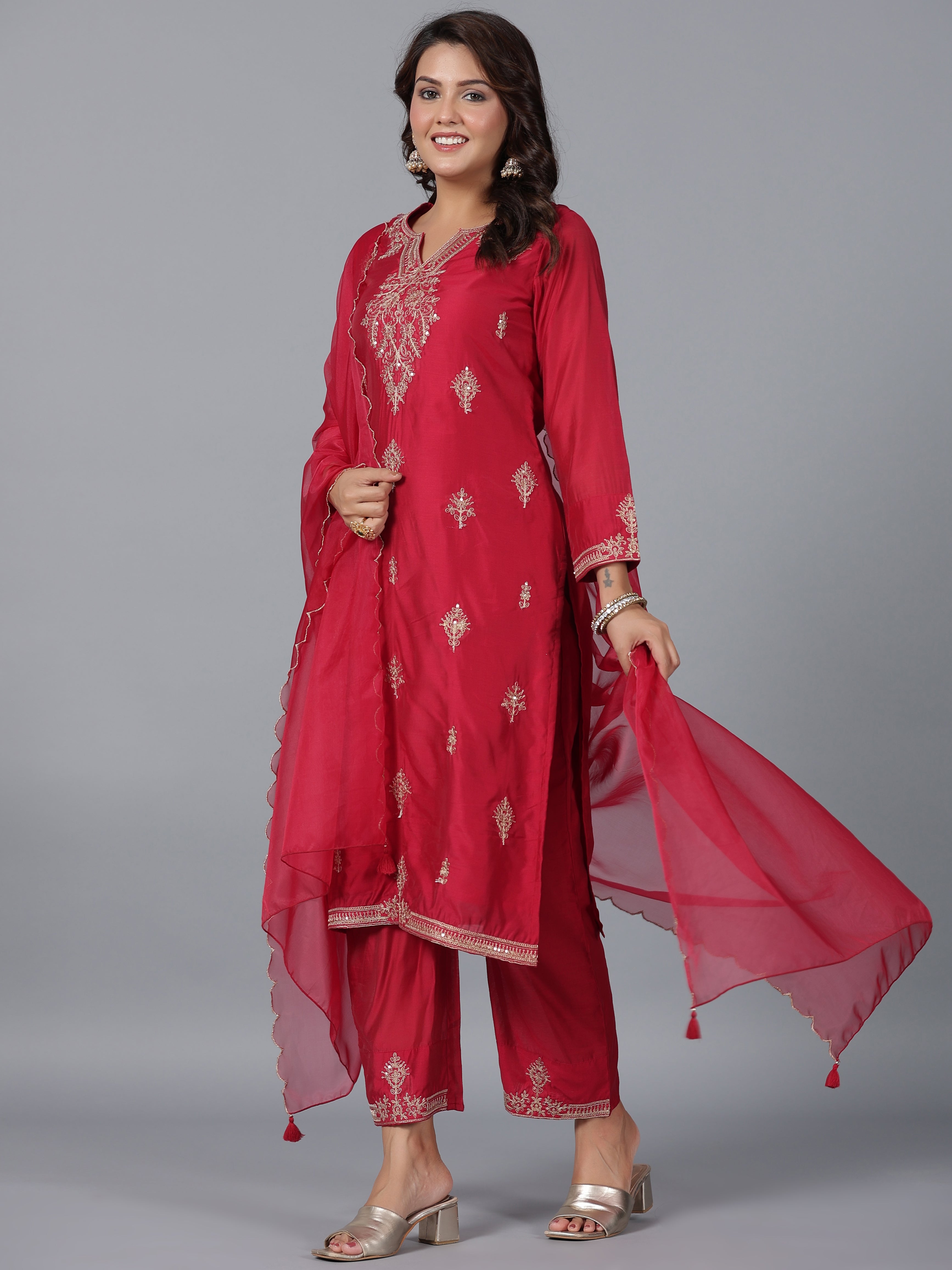 Juniper Women Red Chanderi Embroidered Kurta, Pants & Dupatta Set | Grocsy