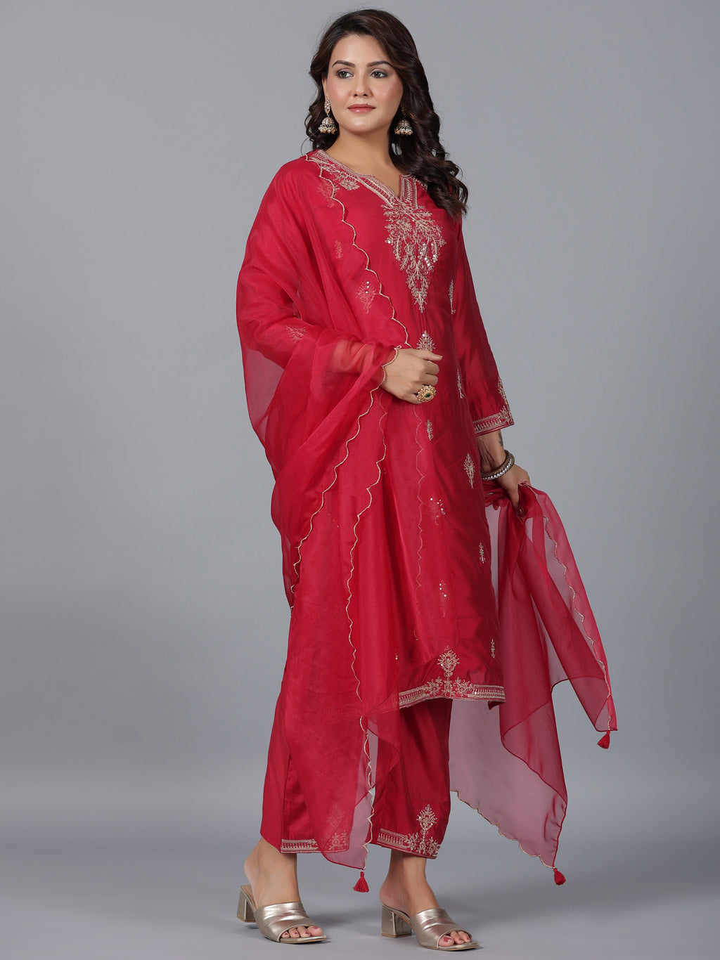 Juniper Women Red Chanderi Embroidered Kurta, Pants & Dupatta Set | Grocsy