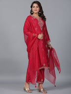 Juniper Women Red Chanderi Embroidered Kurta, Pants & Dupatta Set | Grocsy