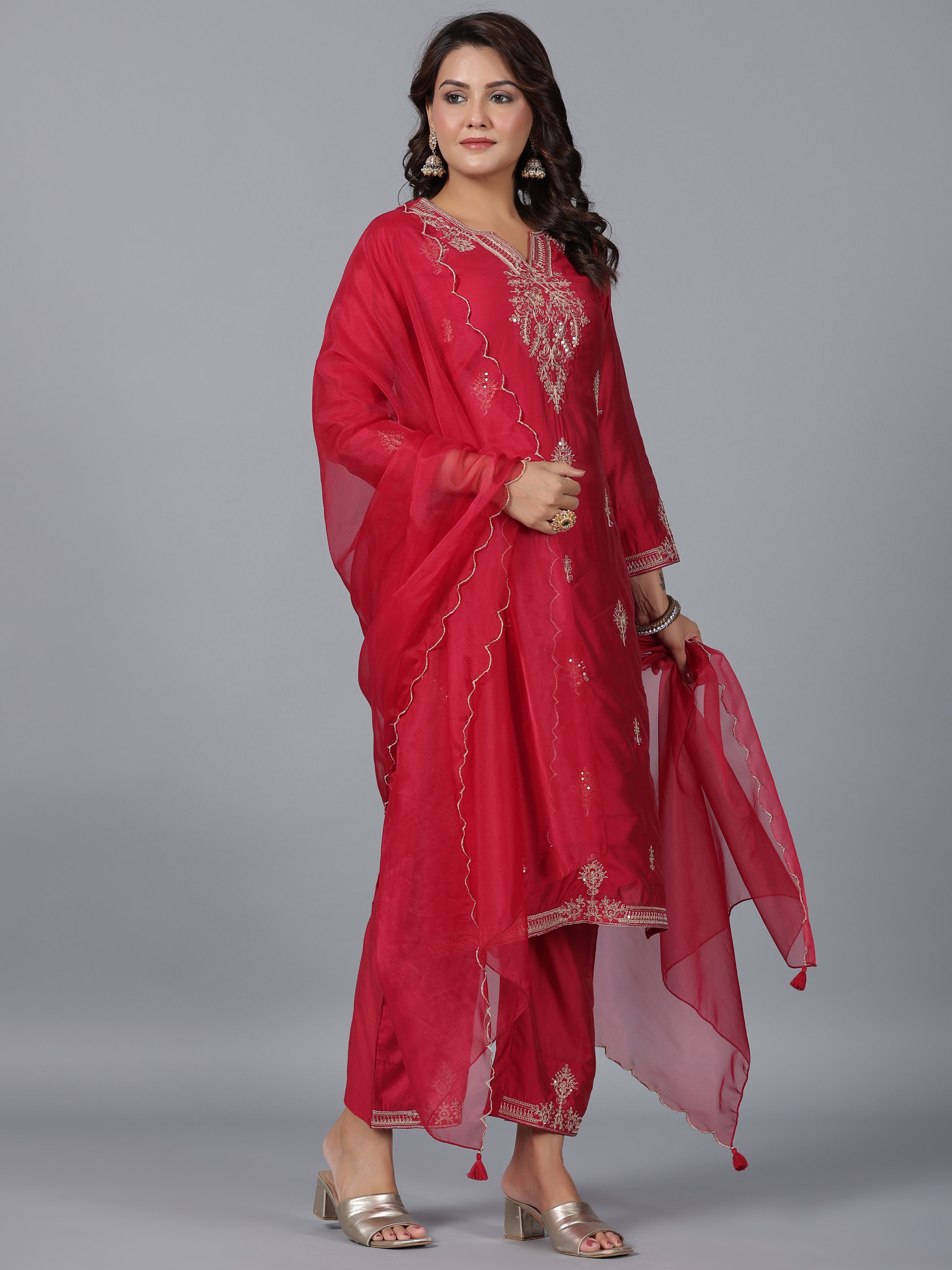 Juniper Women Red Chanderi Embroidered Kurta, Pants & Dupatta Set | Grocsy