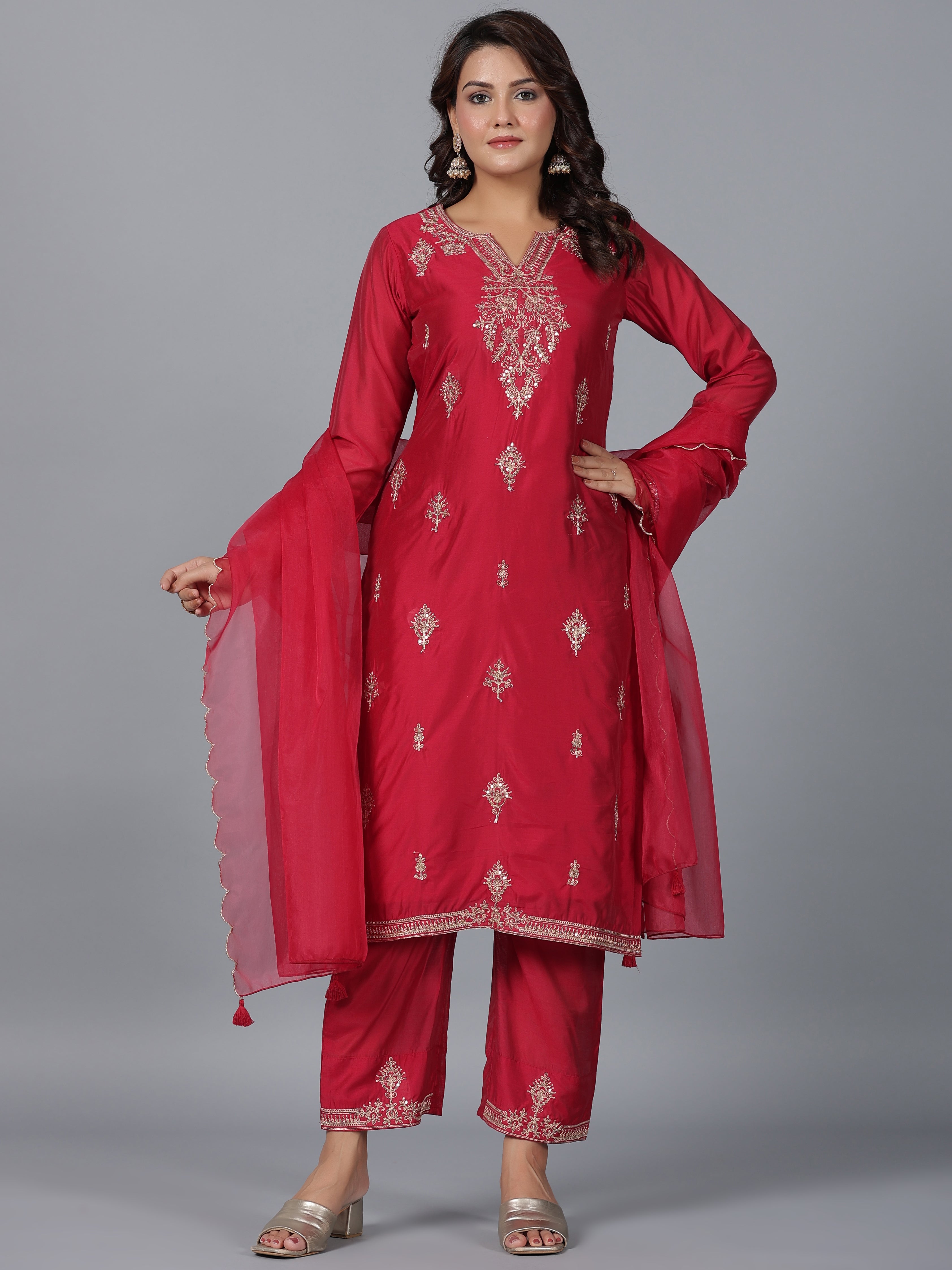 Juniper Women Red Chanderi Embroidered Kurta, Pants & Dupatta Set | Grocsy