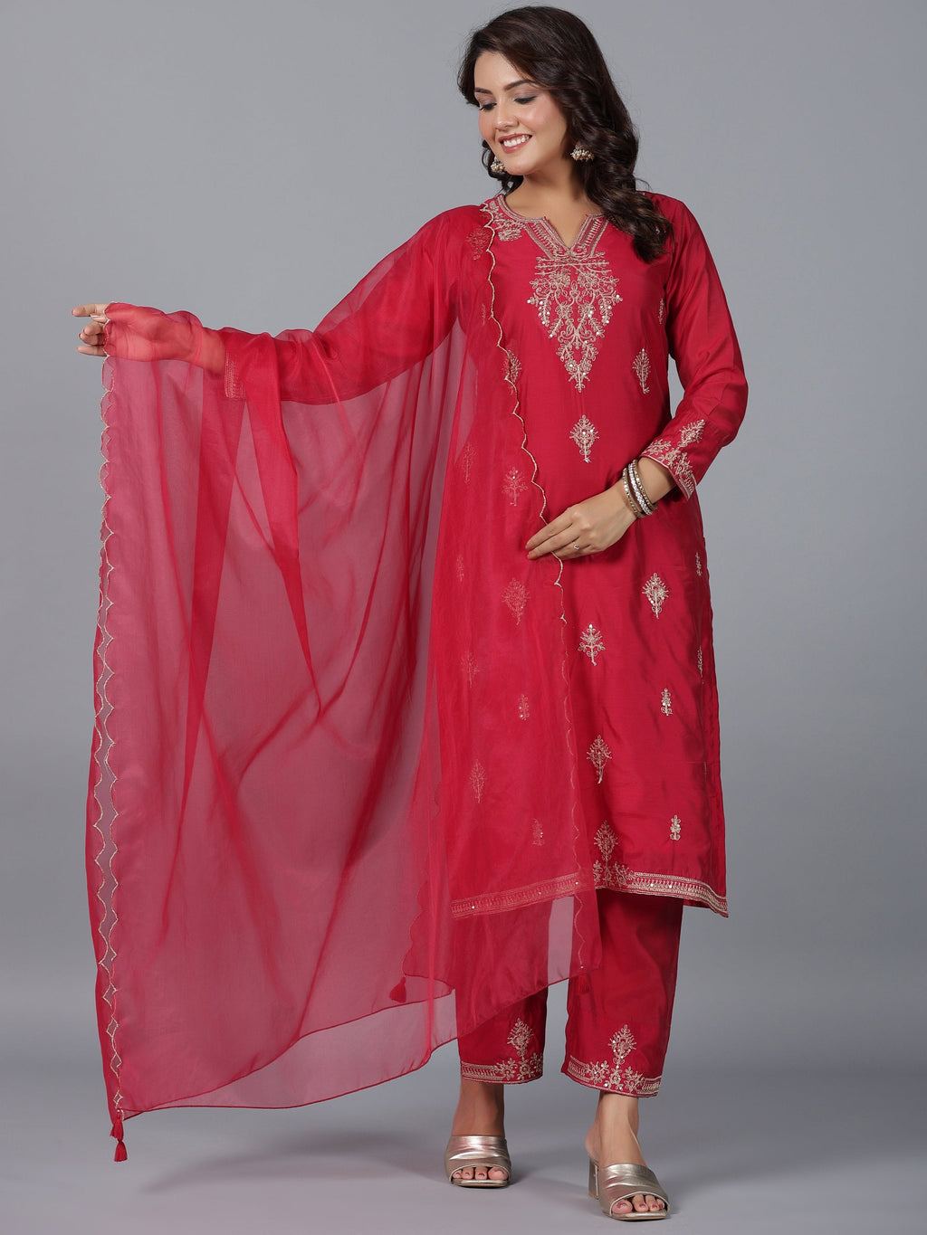 Juniper Women Red Chanderi Embroidered Kurta, Pants & Dupatta Set | Grocsy