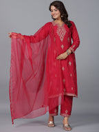 Juniper Women Red Chanderi Embroidered Kurta, Pants & Dupatta Set | Grocsy