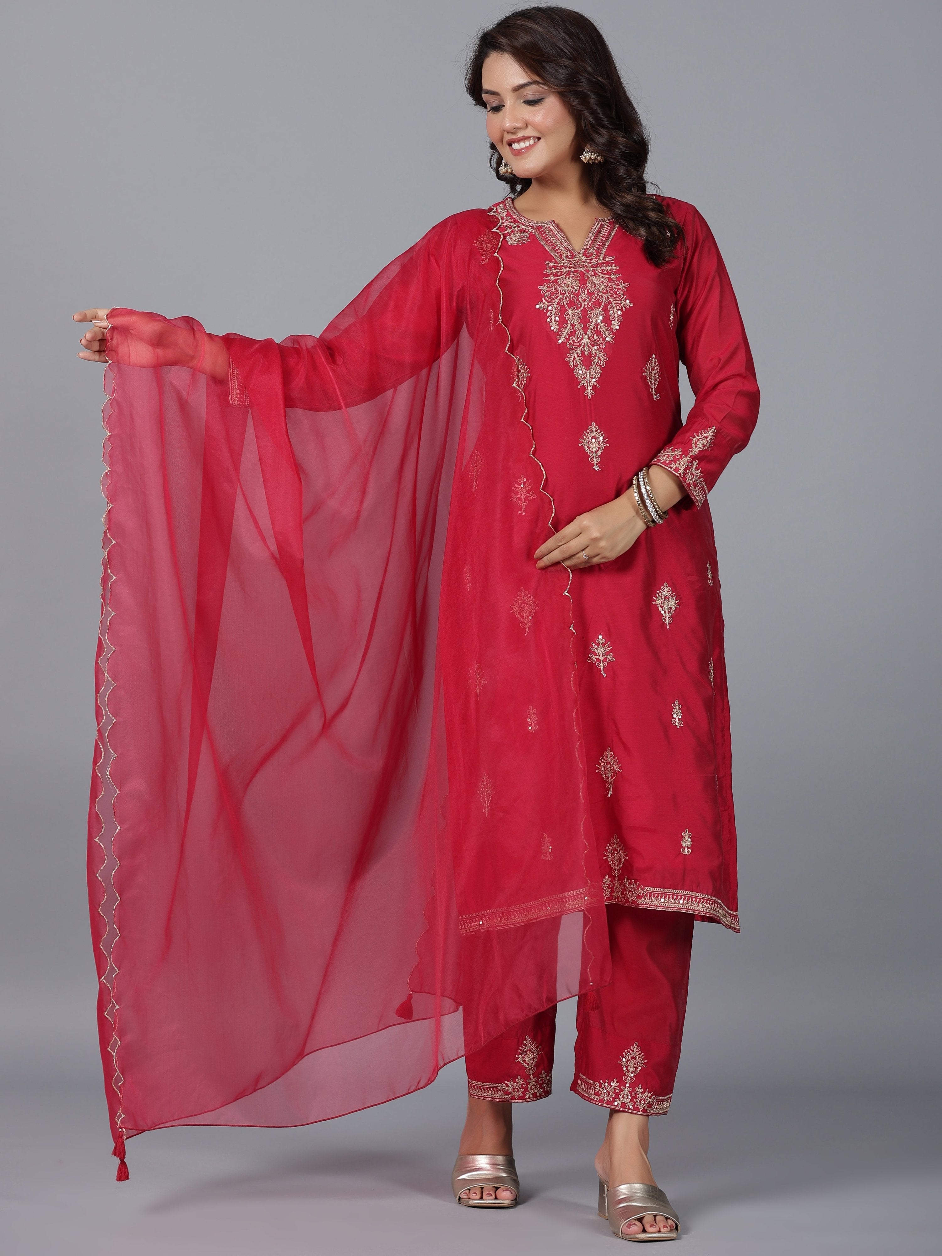 Juniper Women Red Chanderi Embroidered Kurta, Pants & Dupatta Set | Grocsy