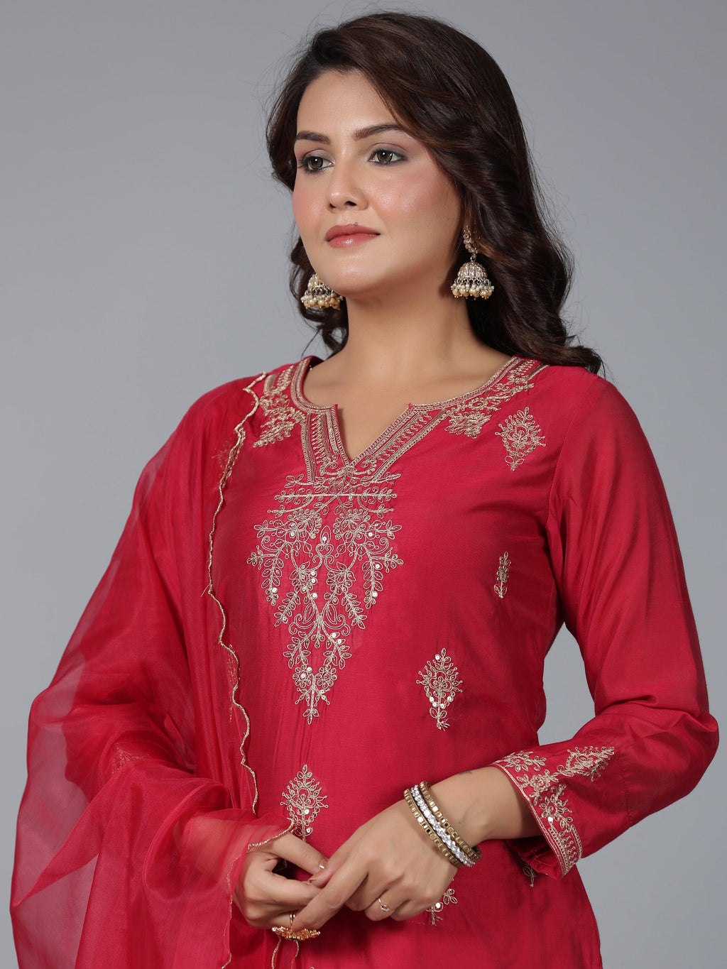 Juniper Women Red Chanderi Embroidered Kurta, Pants & Dupatta Set | Grocsy