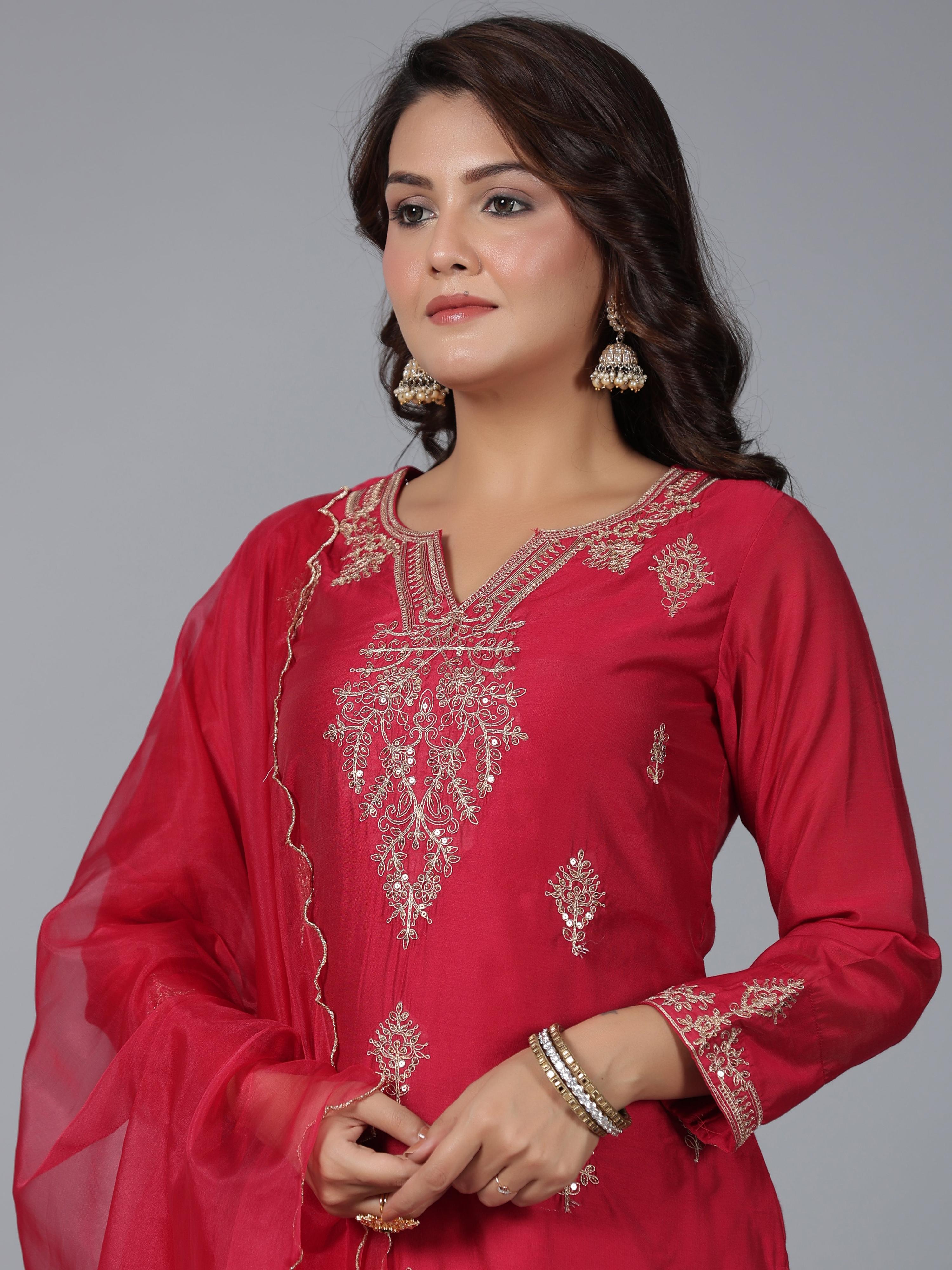 Juniper Women Red Chanderi Embroidered Kurta, Pants & Dupatta Set | Grocsy