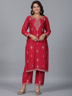 Juniper Women Red Chanderi Embroidered Kurta, Pants & Dupatta Set | Grocsy