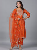 Juniper Women Orange Chanderi Embroidered Kurta, Palazzo & Dupatta Set | Grocsy