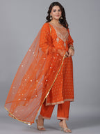 Juniper Women Orange Chanderi Embroidered Kurta, Palazzo & Dupatta Set | Grocsy