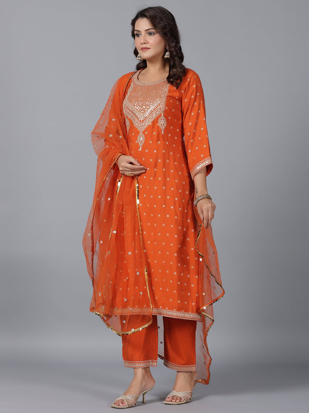 Juniper Women Orange Chanderi Embroidered Kurta, Palazzo & Dupatta Set | Grocsy