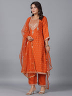 Juniper Women Orange Chanderi Embroidered Kurta, Palazzo & Dupatta Set | Grocsy
