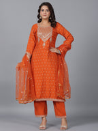 Juniper Women Orange Chanderi Embroidered Kurta, Palazzo & Dupatta Set | Grocsy
