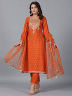 Juniper Women Orange Chanderi Embroidered Kurta, Palazzo & Dupatta Set | Grocsy