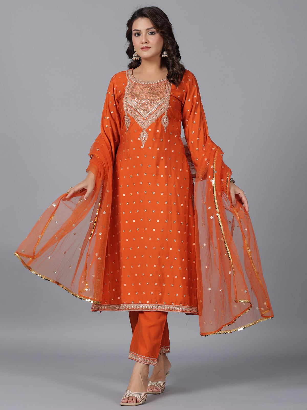 Juniper Women Orange Chanderi Embroidered Kurta, Palazzo & Dupatta Set | Grocsy