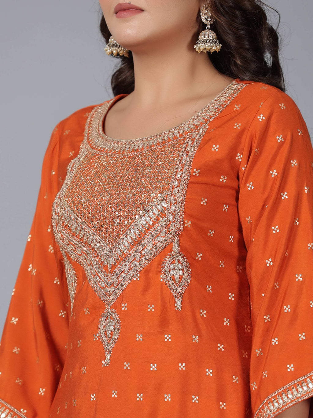 Juniper Women Orange Chanderi Embroidered Kurta, Palazzo & Dupatta Set | Grocsy
