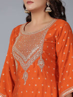 Juniper Women Orange Chanderi Embroidered Kurta, Palazzo & Dupatta Set | Grocsy