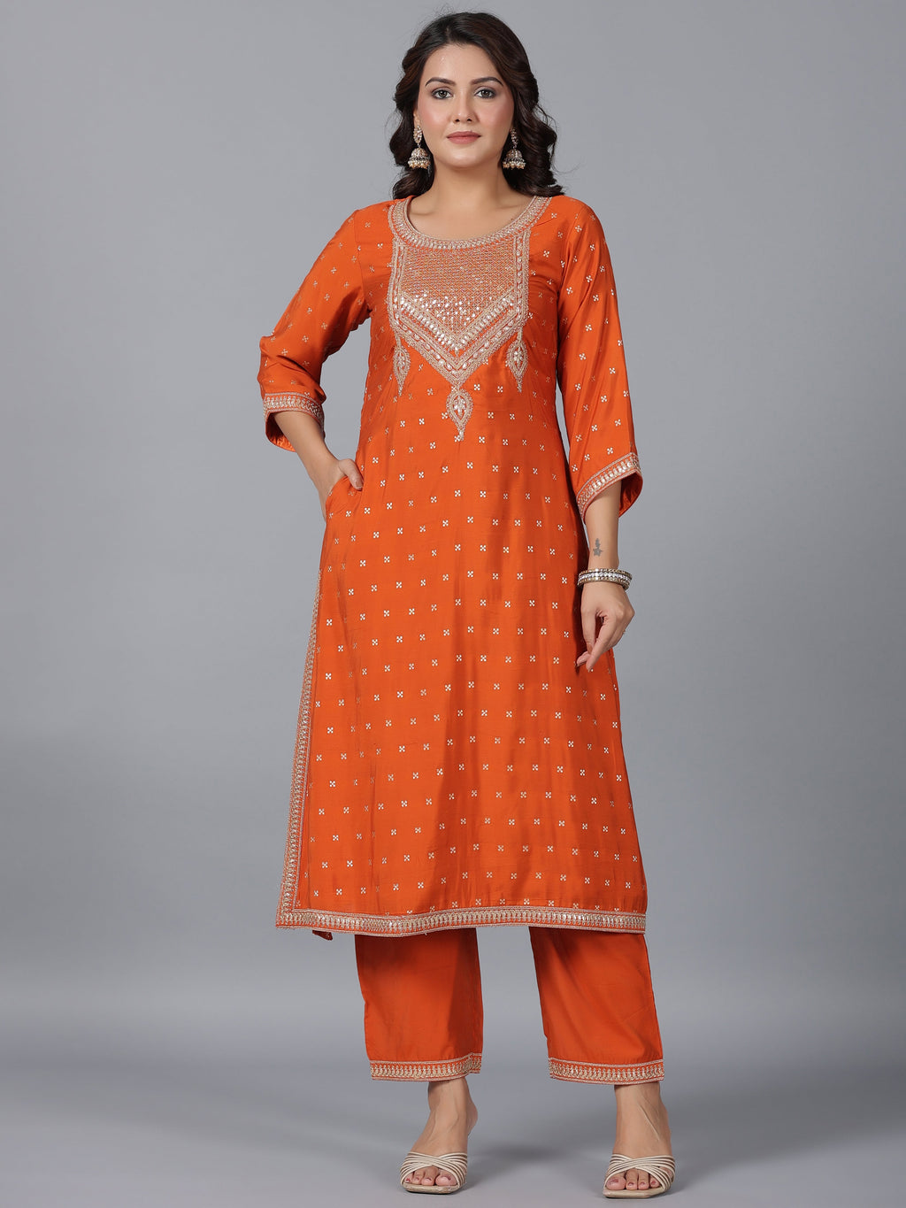 Juniper Women Orange Chanderi Embroidered Kurta, Palazzo & Dupatta Set | Grocsy