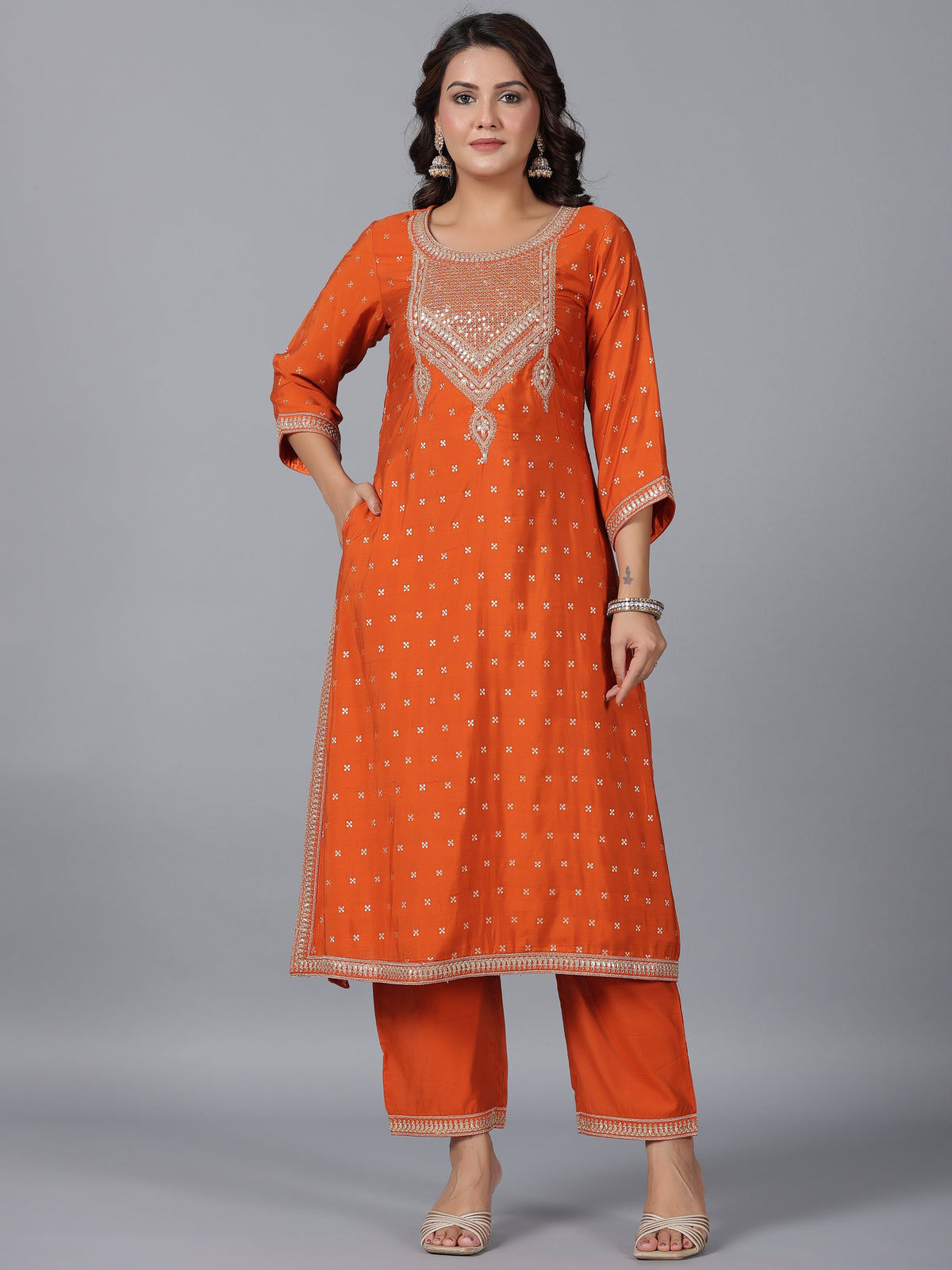 Juniper Women Orange Chanderi Embroidered Kurta, Palazzo & Dupatta Set | Grocsy