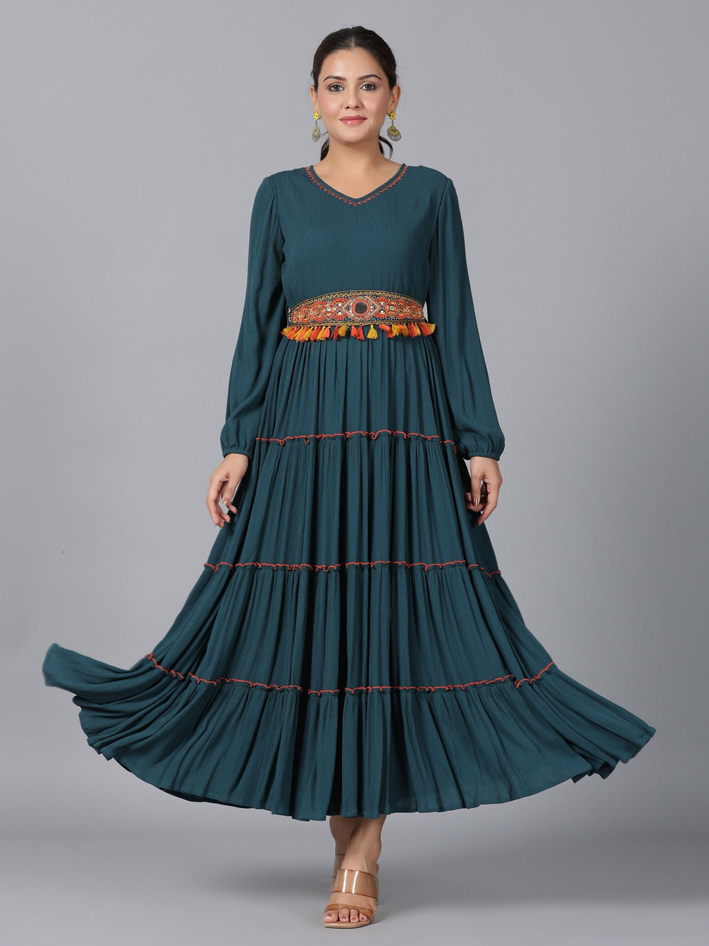 Juniper Women Bottle Green Rayon Crepe Tiered Maxi Dress | Grocsy