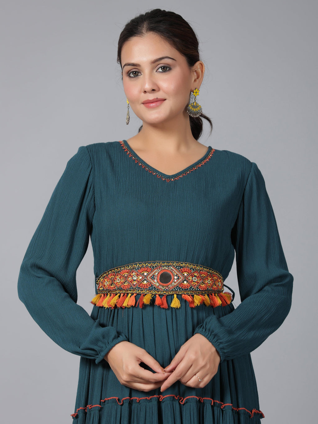 Juniper Women Bottle Green Rayon Crepe Tiered Maxi Dress | Grocsy