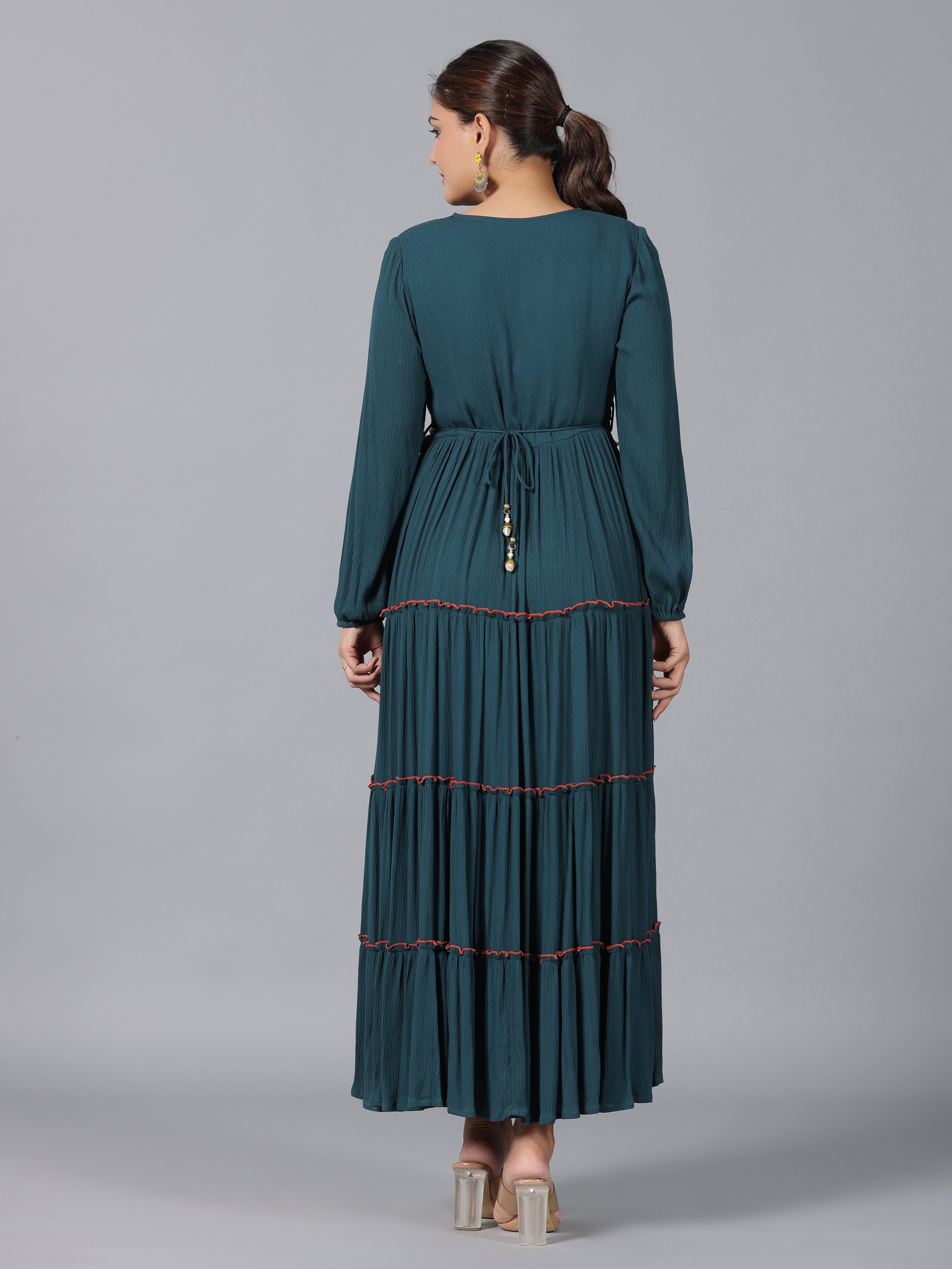 Juniper Women Bottle Green Rayon Crepe Tiered Maxi Dress | Grocsy