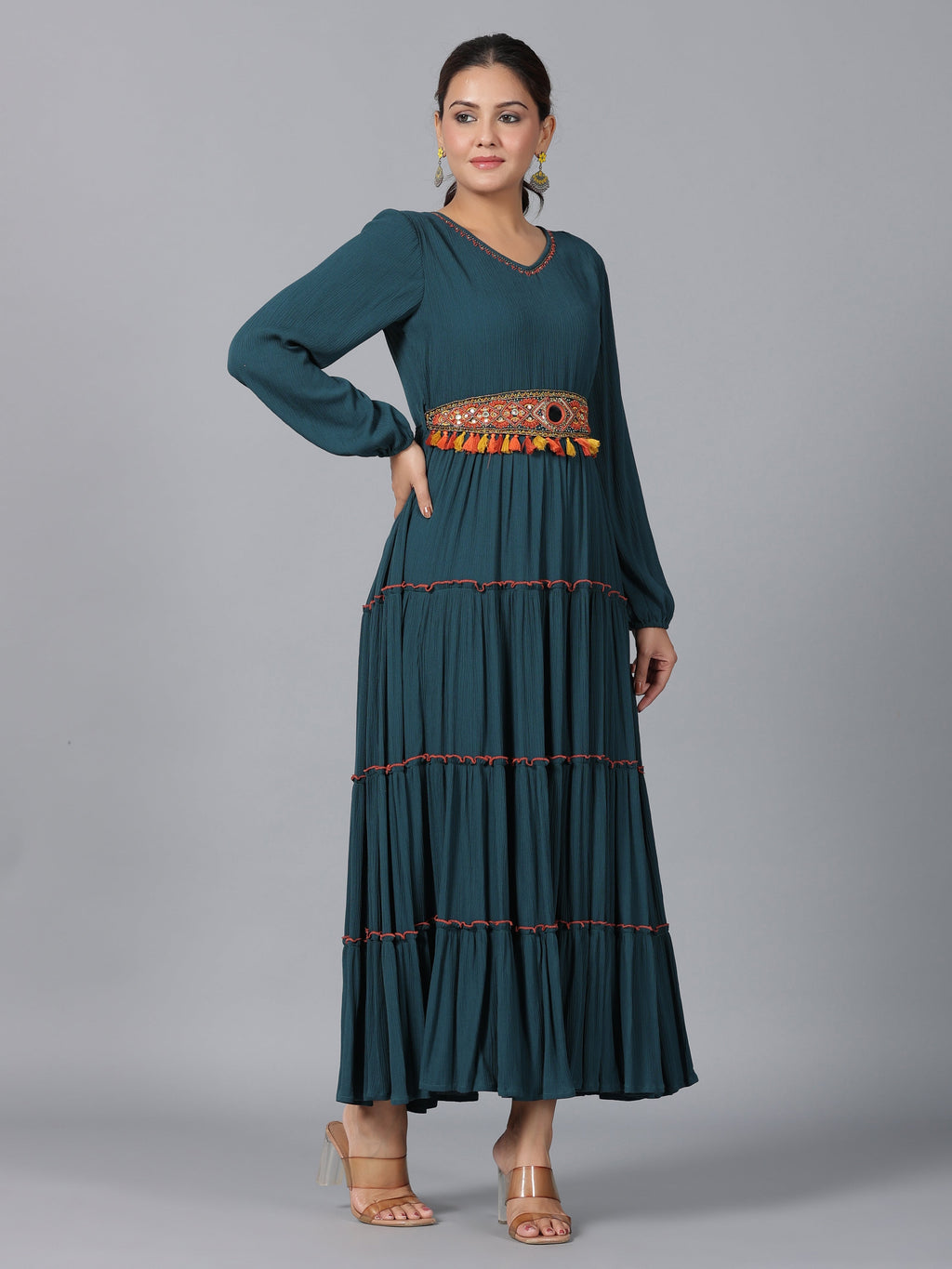 Juniper Women Bottle Green Rayon Crepe Tiered Maxi Dress | Grocsy