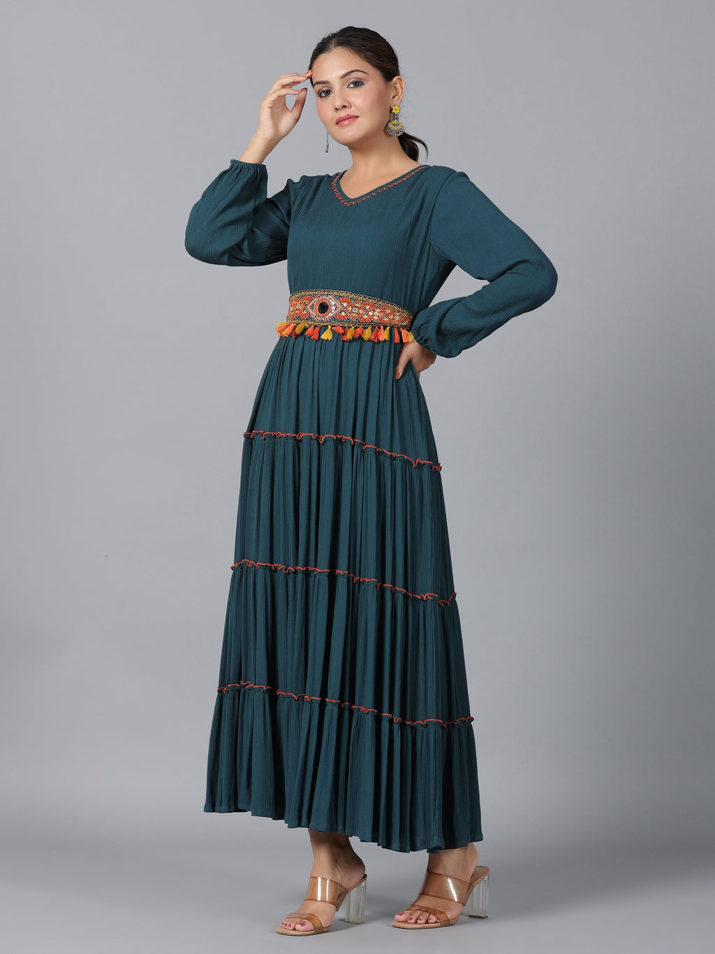 Juniper Women Bottle Green Rayon Crepe Tiered Maxi Dress | Grocsy